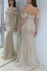 Chic Beaded Sweetheart Off The Shoulder Mermaid Long Tulle Prom Dress-27dress