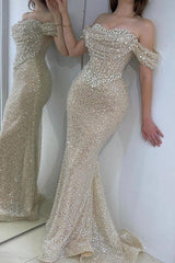 Chic Beaded Sweetheart Off The Shoulder Mermaid Long Tulle Prom Dress-27dress