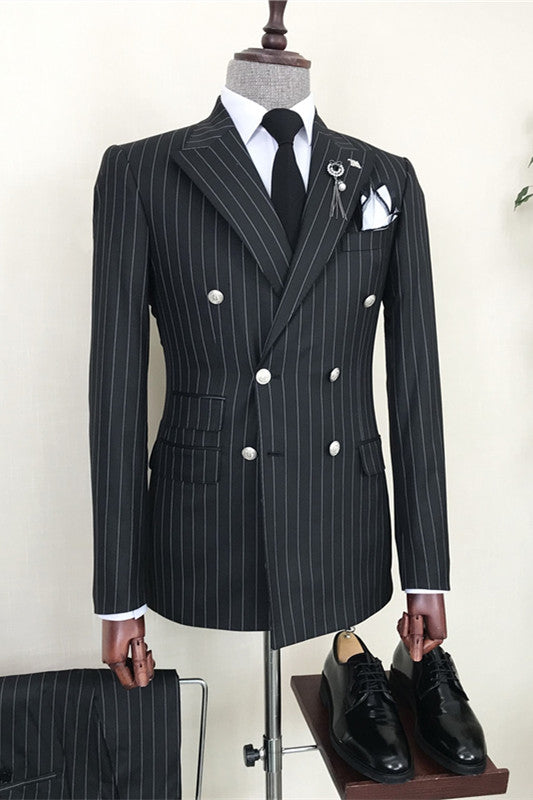 Chic Black Double Breasted Peaked Lapel Business Men Suits