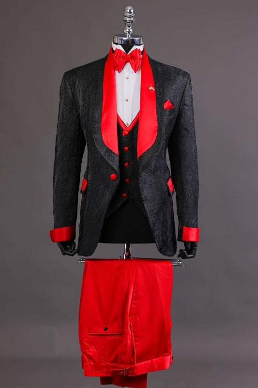 Chic Jacquard Three Pieces Black Prom Suits With Red Lapel
