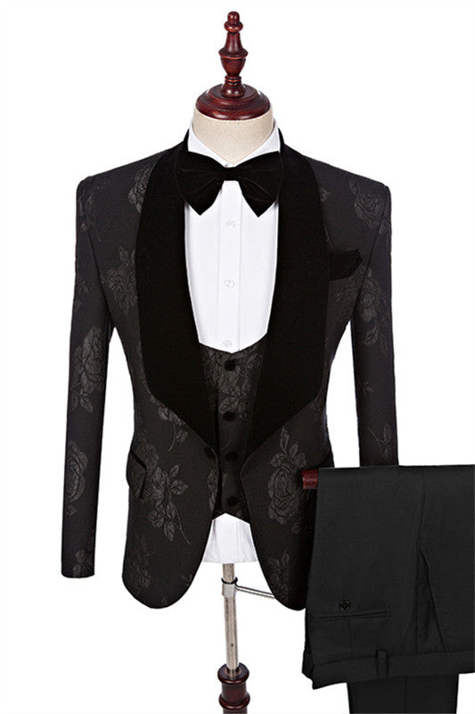 Chic Jacquard Three Pieces Shawl Lapel Men Black Wedding Suits