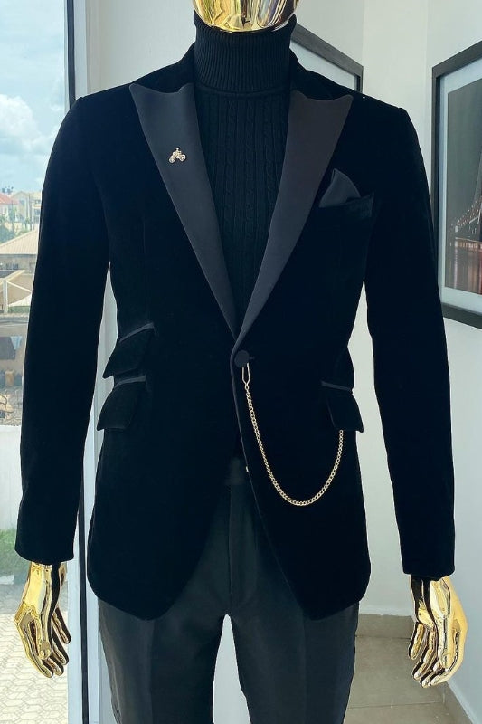Chic Peaked Lapel Two Pieces Velvet Black Prom Suits For Men