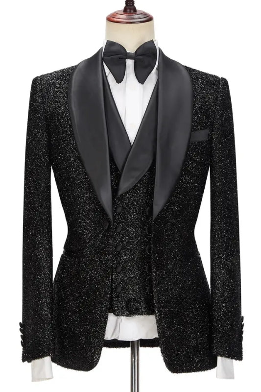 Chic Sequins Shawl Lapel Three Pieces Black Wedding Suits