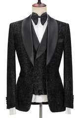 Chic Sequins Shawl Lapel Three Pieces Black Wedding Suits