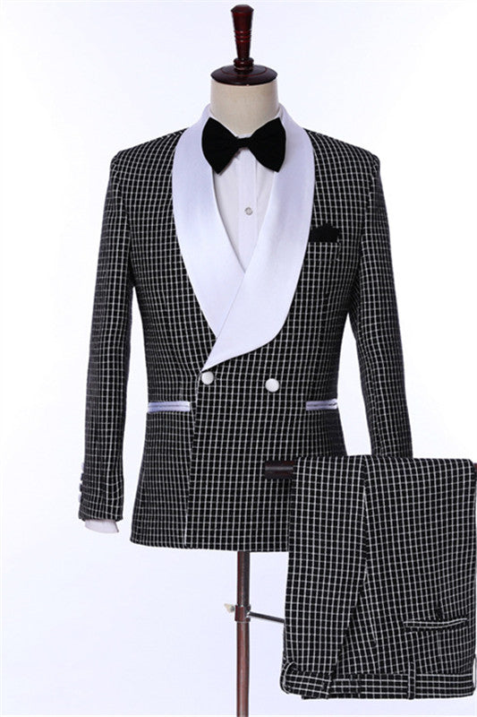 Chic Shawl Lapel Double Breasted Plaid Black Wedding Suits