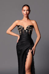 Chic Black Strapless Sleeveless Mermaid Beadings Long Prom Dress With Split