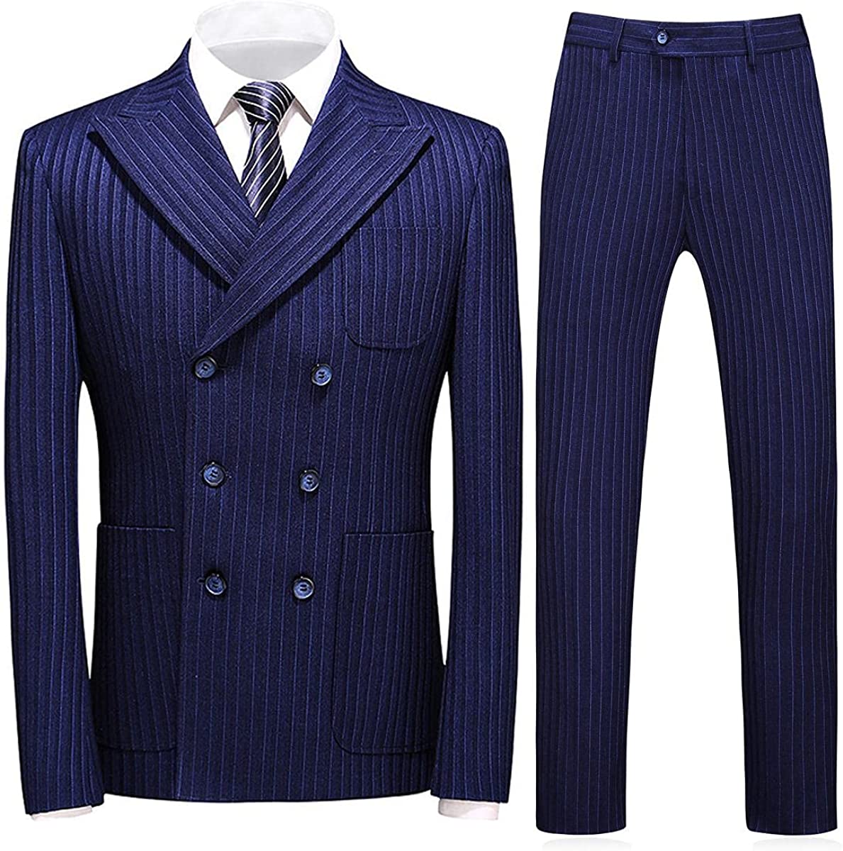 Chic Double Breasted Peaked Lapel Striped Men Blue Business Suits