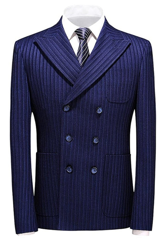 Chic Double Breasted Peaked Lapel Striped Men Blue Business Suits