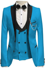 Chic Peaked Lapel Three Pieces Blue Prom Suits