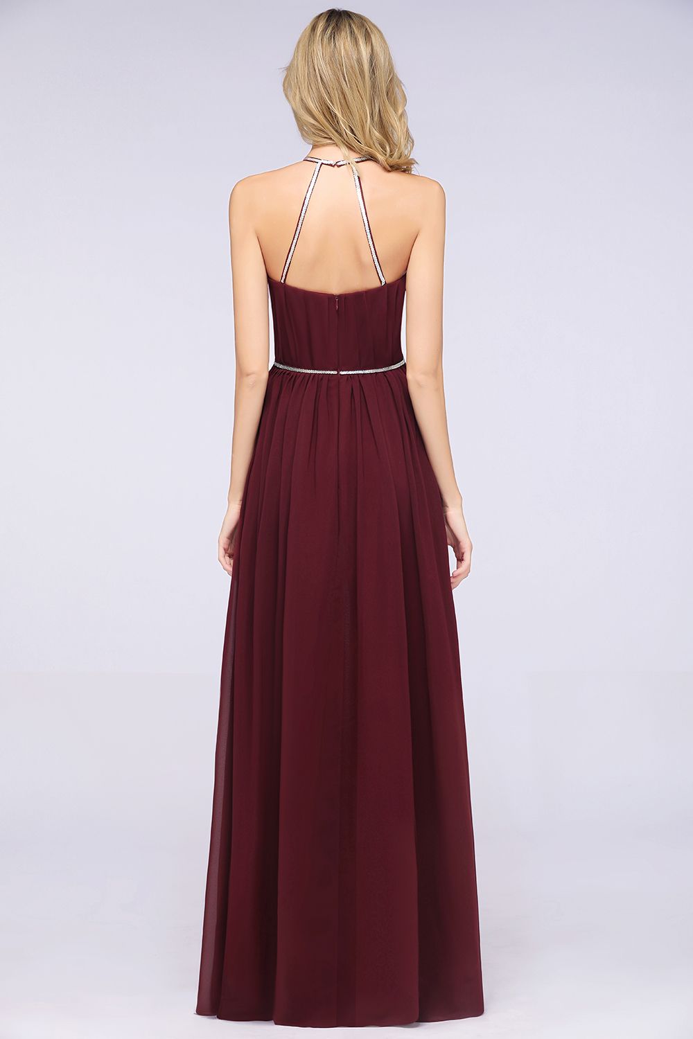Chic Burgundy Halter Long Backless Bridesmaid Dress with Beadings-27dress