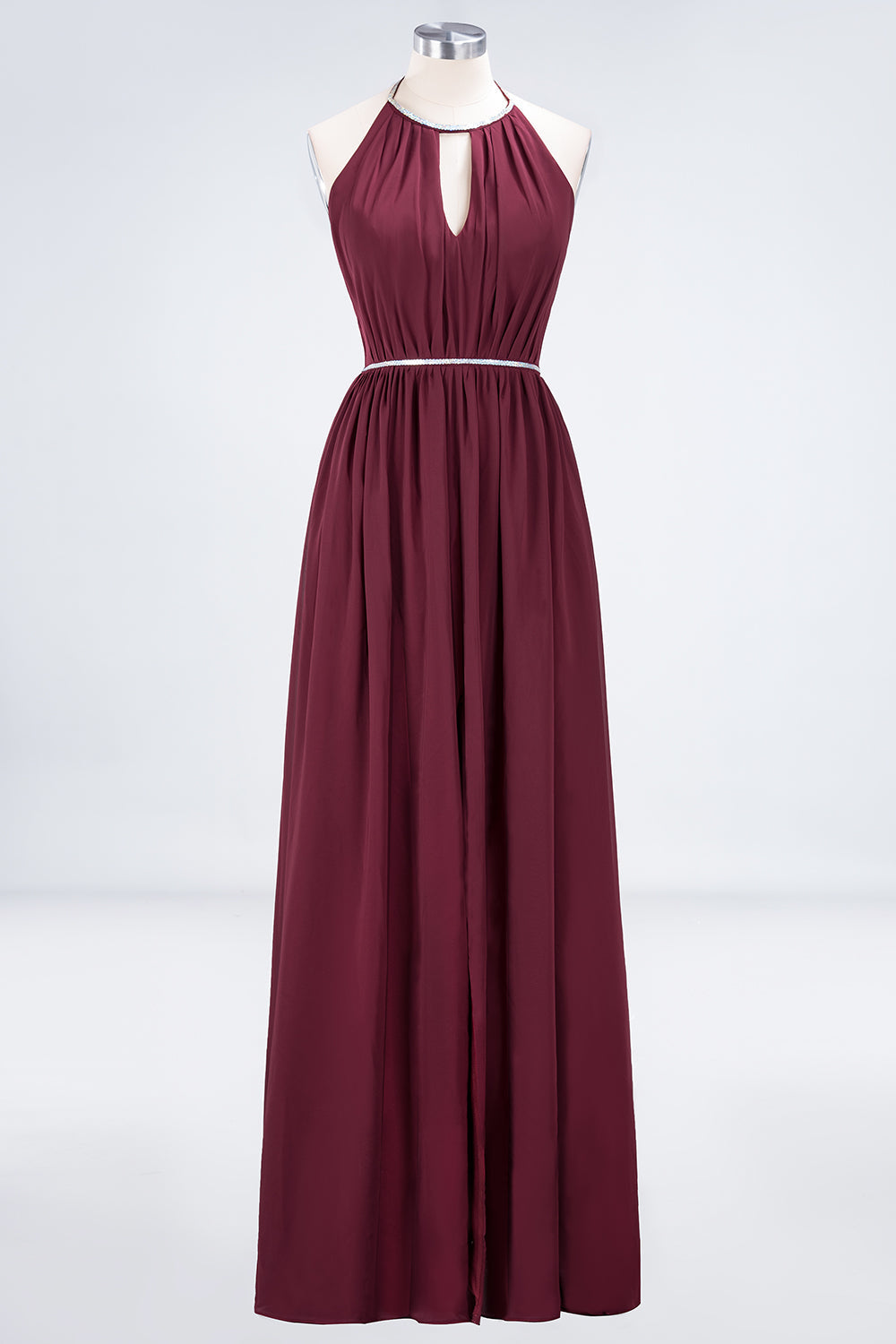 Chic Burgundy Halter Long Backless Bridesmaid Dress with Beadings-27dress
