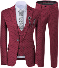 Chic Notched Lapel Three Pieces Burgundy Prom Suits With Black Dot