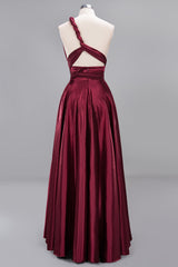 Chic Burgundy Satin Long Bridesmaid Dresses With One Shoulder-27dress