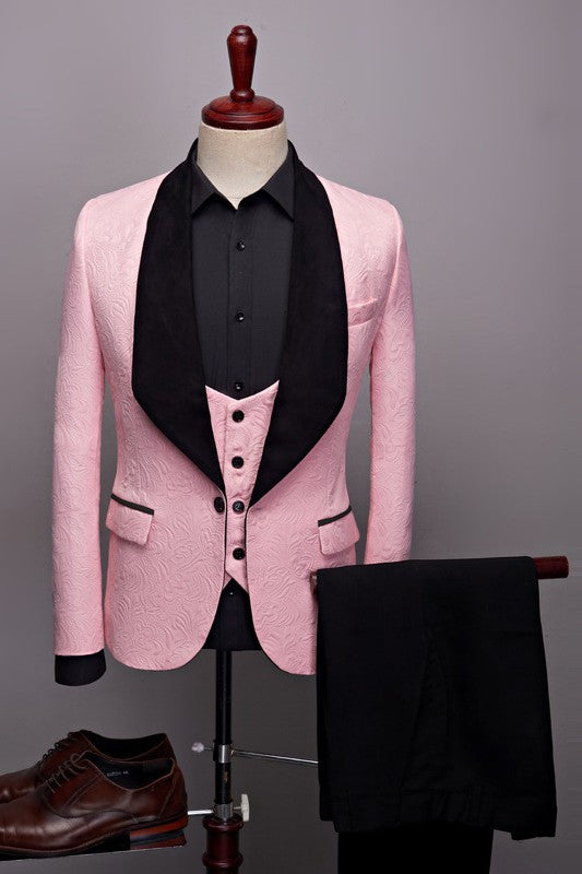 Chic Candy Jacquard One Button Three Pieces Pink Wedding Suits with Black Shawl Lapel