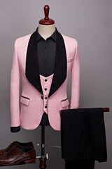 Chic Candy Jacquard One Button Three Pieces Pink Wedding Suits with Black Shawl Lapel