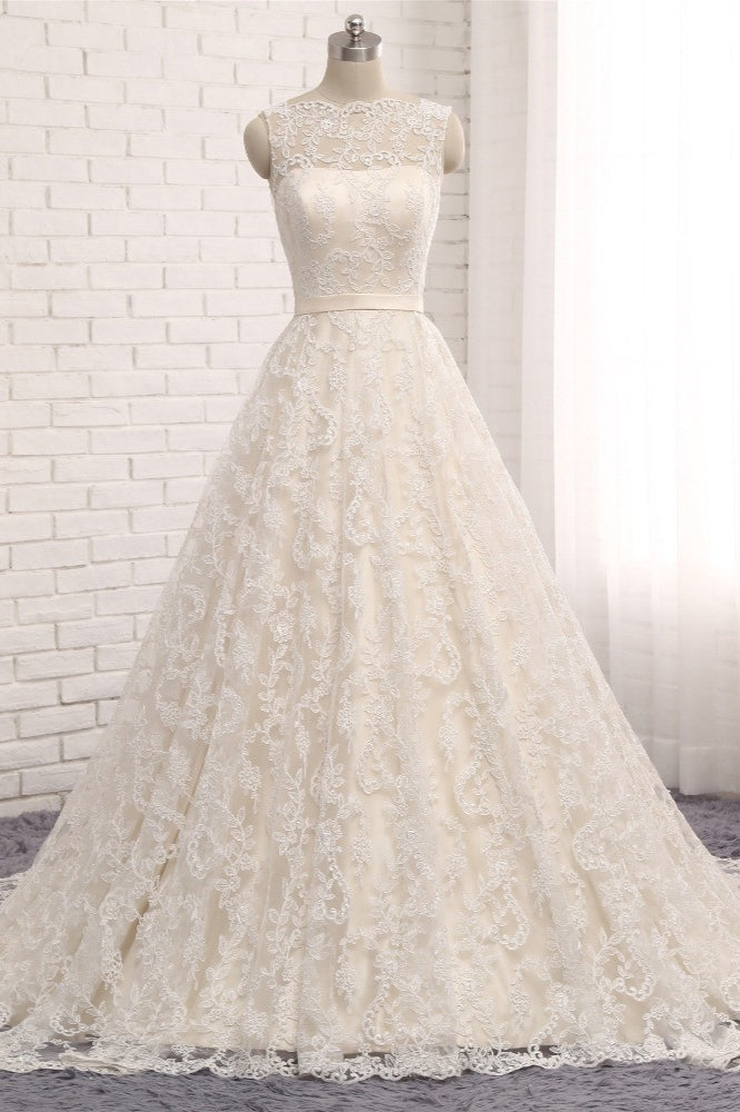 Chic Champagne Jewel Sleeveless Wedding Dresses A-line Lace Bridal Gowns With Appliques On Sale-27dress