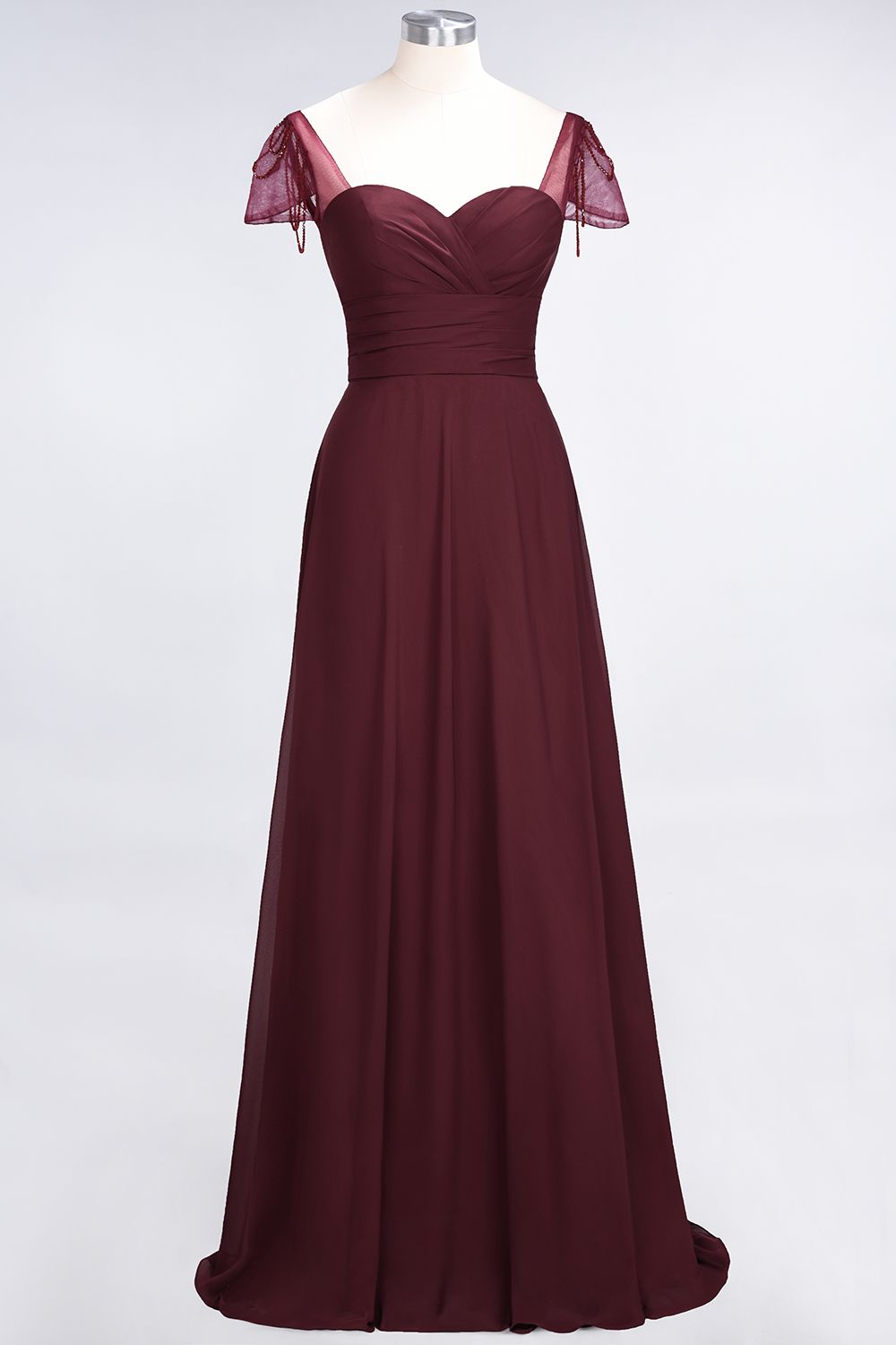 Chic Chiffon Sweetheart Cap-Sleeves Ruffle Bridesmaid Dresses with Beadings-27dress