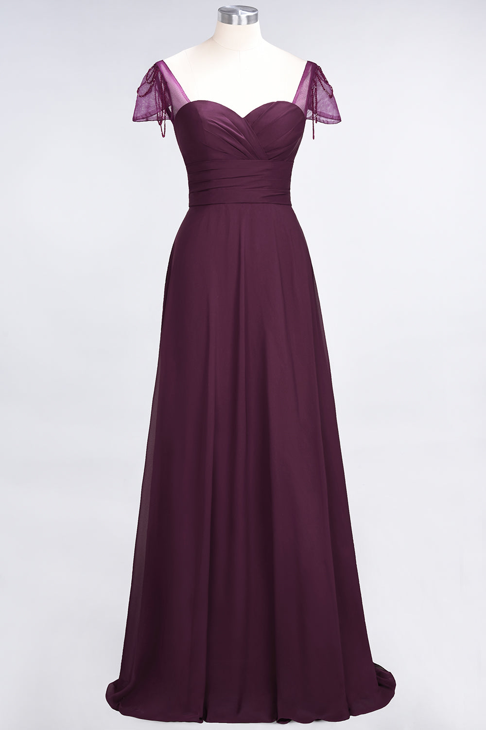 Chic Chiffon Sweetheart Cap-Sleeves Ruffle Bridesmaid Dresses with Beadings-27dress