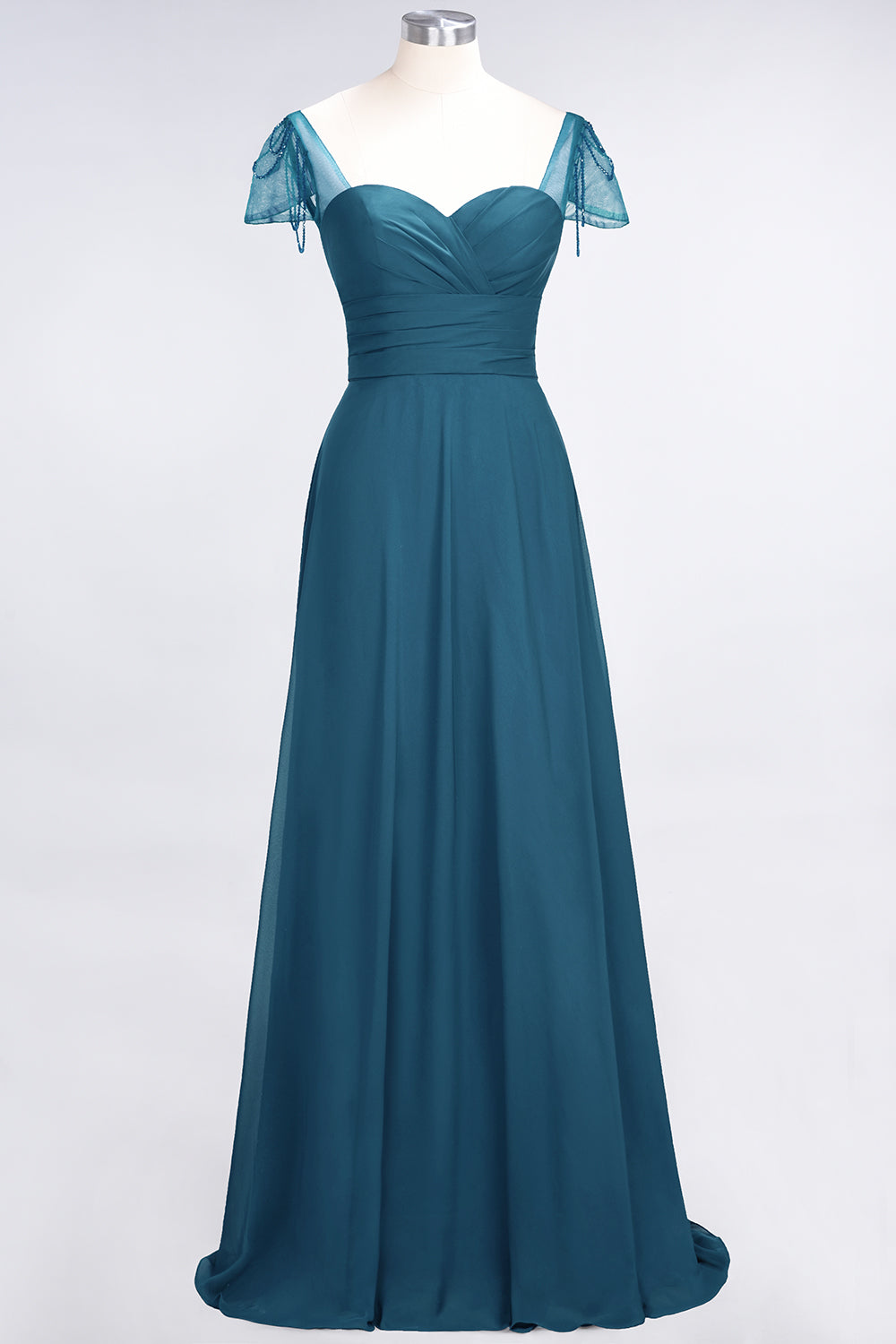 Chic Chiffon Sweetheart Cap-Sleeves Ruffle Bridesmaid Dresses with Beadings-27dress