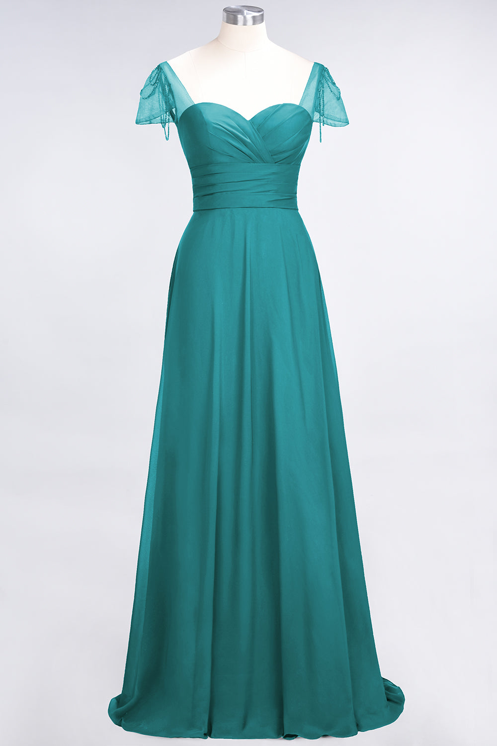 Chic Chiffon Sweetheart Cap-Sleeves Ruffle Bridesmaid Dresses with Beadings-27dress