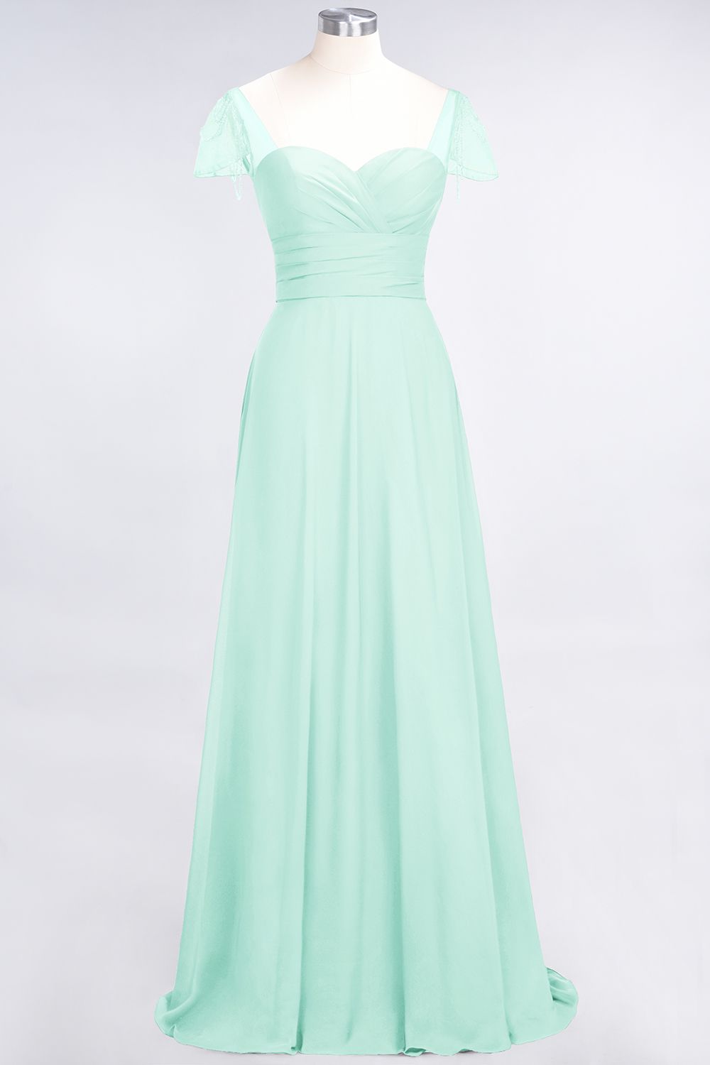 Chic Chiffon Sweetheart Cap-Sleeves Ruffle Bridesmaid Dresses with Beadings-27dress