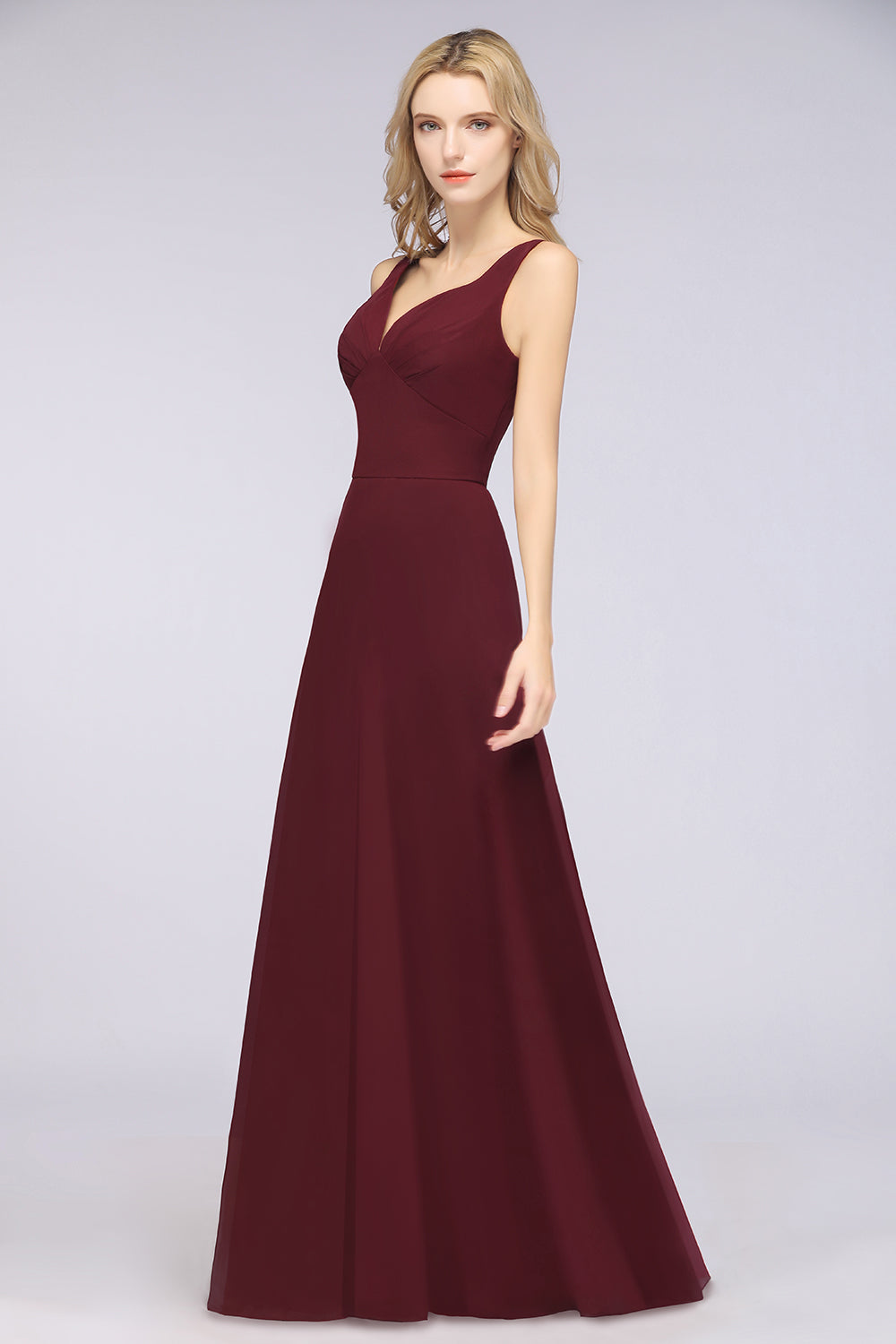 Chic Chiffon V-Neck Straps Ruffle Affordable Bridesmaid Dresses with Open Back-27dress