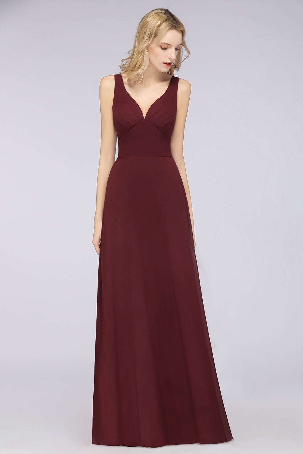 Chic Chiffon V-Neck Straps Ruffle Affordable Bridesmaid Dresses with Open Back-27dress