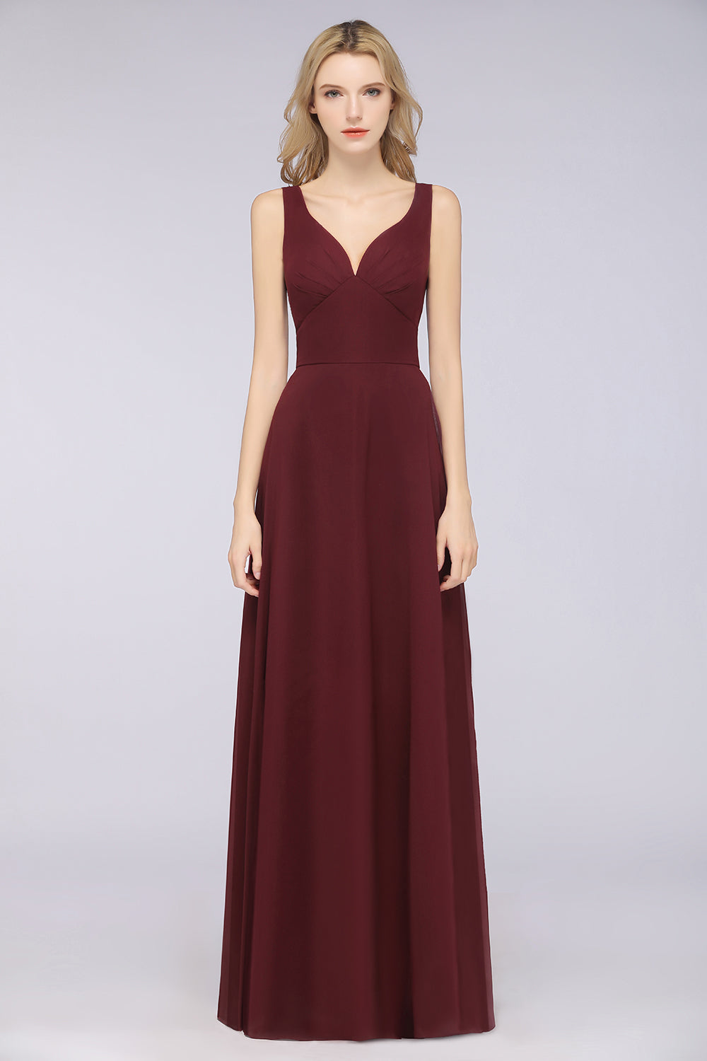 Chic Chiffon V-Neck Straps Ruffle Affordable Bridesmaid Dresses with Open Back-27dress