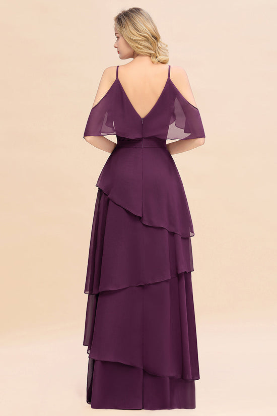 Chic Cold-Shoulder Layers Grape Chiffon Bridesmaid Dress Affordable-27dress