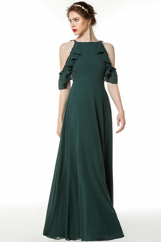 Chic Cold-shoulder Ruffle Dark Green Chiffon Bridesmaid Dresses Online-27dress