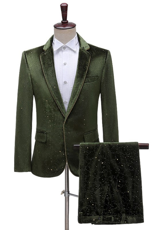 Chic Dark Velvet Two Pieces Notched Lapel Green Prom Suits for Men