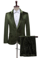 Chic Dark Velvet Two Pieces Notched Lapel Green Prom Suits for Men