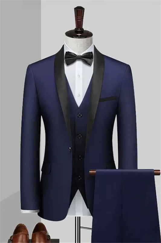 Chic Deep Three Pieces Shawl Lapel Blue Wedding Suits For Men
