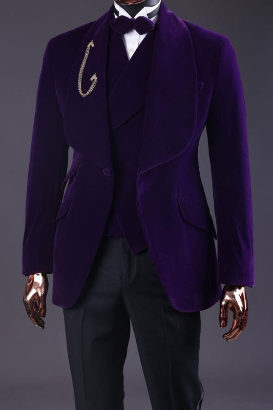 Chic Deep Shawl Lapel Three Pieces Velvet Purple Wedding Suits