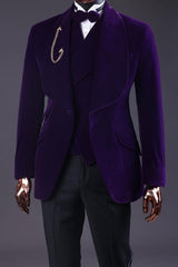 Chic Deep Shawl Lapel Three Pieces Velvet Purple Wedding Suits