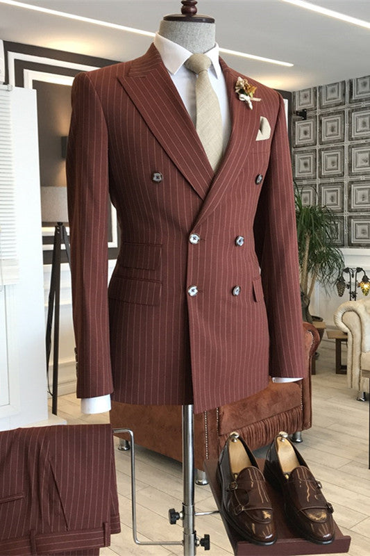 Chic Deep Peaked Lapel Double Breasted Striped Red Business Suits