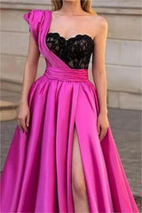 Chic Fuchsia One Shoulder Sweetheart Sleeveless A Line Prom Dress With Split