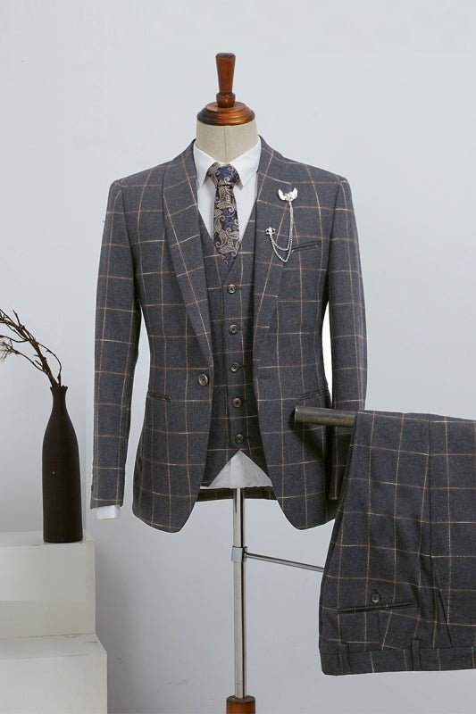 Chic Gray Shawl Lapel Three Pieces Plaid Suits For Prom