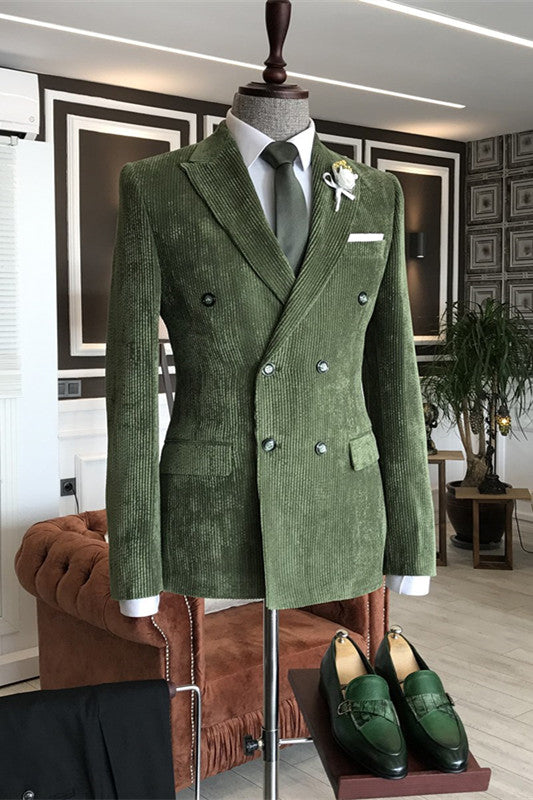 Chic Green Peaked Lapel Double Breasted Corduroy Men Suits For Prom