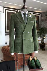 Chic Green Peaked Lapel Double Breasted Corduroy Men Suits For Prom