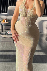 Chic Halter Neck Sleeveless Long Mermaid Prom Dress With Pleated