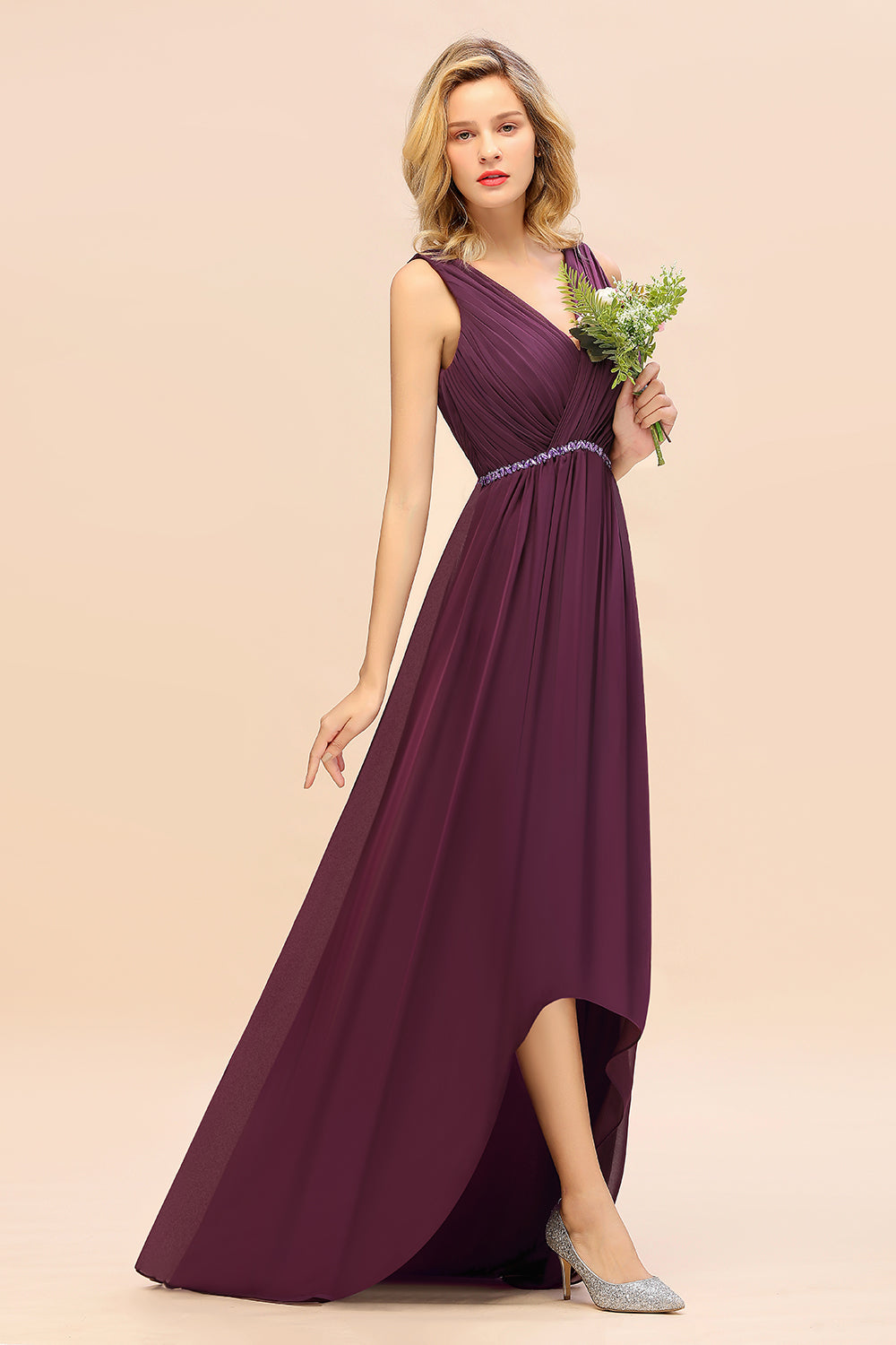 Chic Hi-Lo V Neck Ruffle Bridesmaid Dress with Beading Sash-27dress