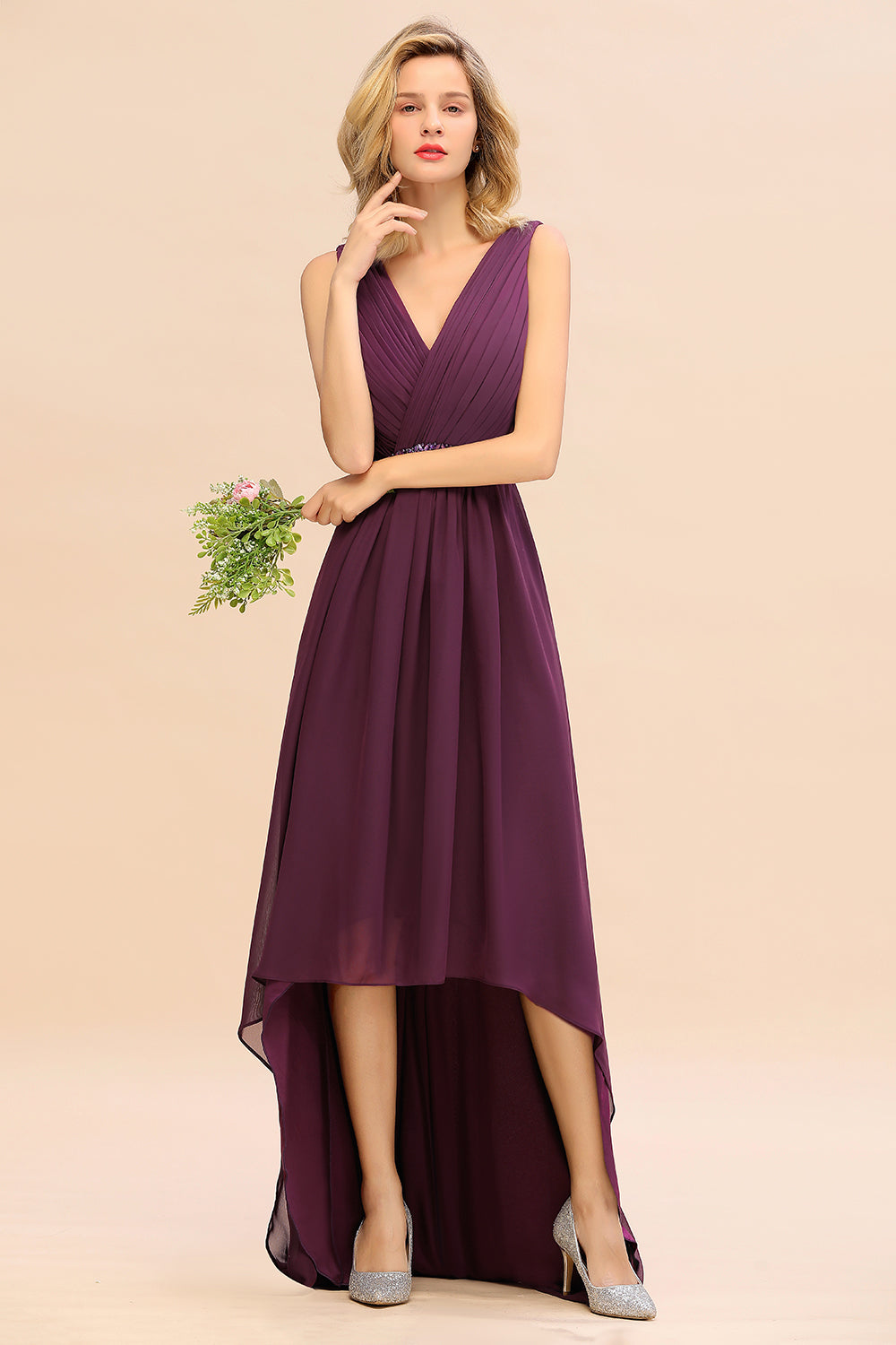 Chic Hi-Lo V Neck Ruffle Bridesmaid Dress with Beading Sash-27dress