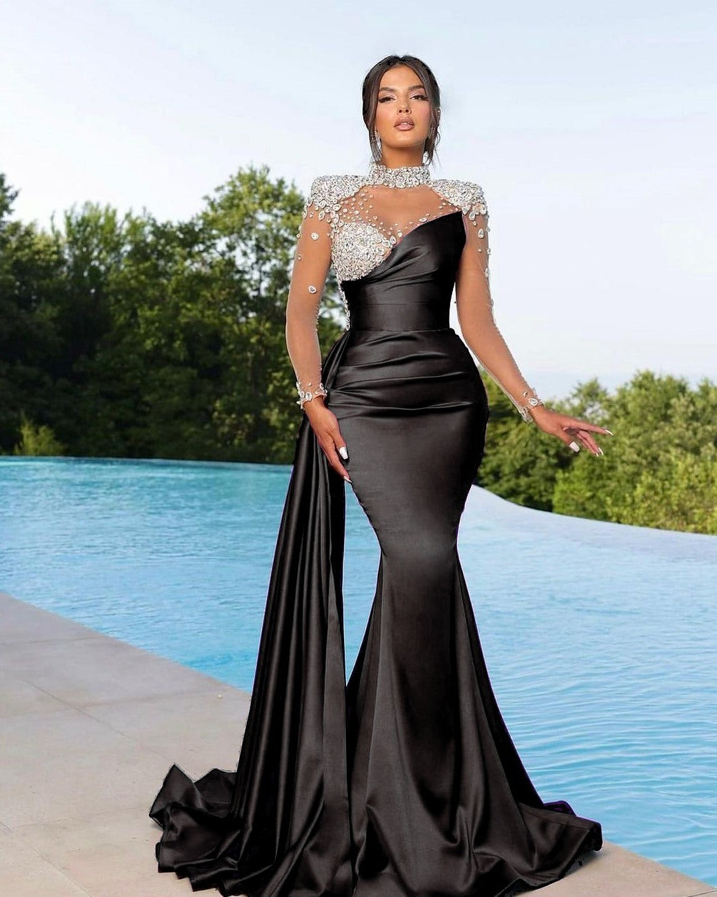 Chic High Neck Long Sleeves Beaded Stain Mermaid Prom Dress With Ruffles