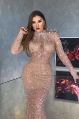 Chic High Neck Mermaid Long Sleeves Sequins Long Prom Dress With Pleated