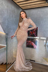 Chic High Neck Mermaid Long Sleeves Sequins Long Prom Dress With Pleated
