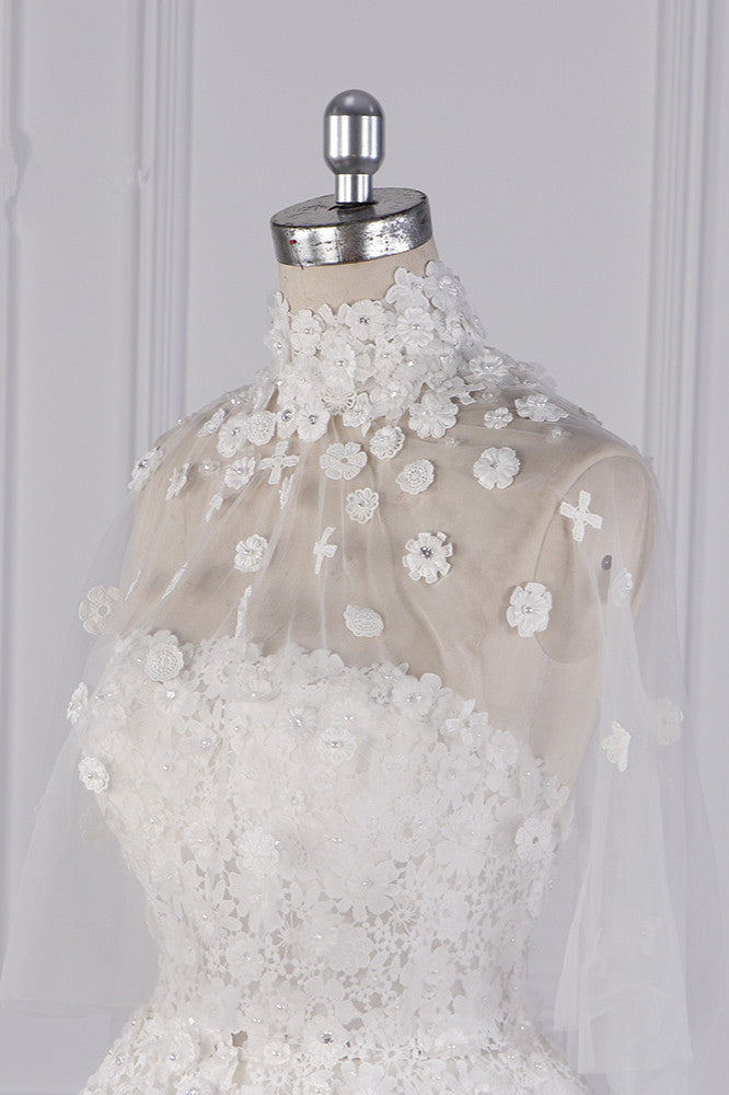Chic High-Neck Tulle Lace Wedding Dress Appliques Beadings Long Sleeves Bridal Gowns On Sale-27dress