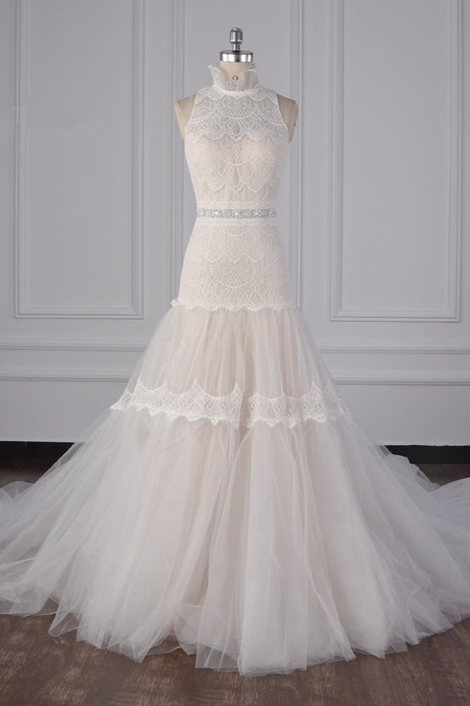 Chic High-Neck Tulle Lace Wedding Dress Appliques Sleeveless Bridal Gowns with Beading Sashes Online-27dress