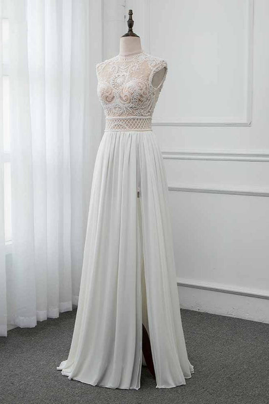 Load image into Gallery viewer, Chic Jewel Chiffon Ruffle White Wedding Dresses Lace Top Sleeveless Bridal Gowns with Pearls-27dress
