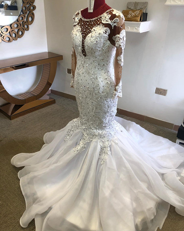 Chic Jewel Mermaid Longsleeves Wedding Dresses White Lace Bridal Gowns With Appliques On Sale-27dress